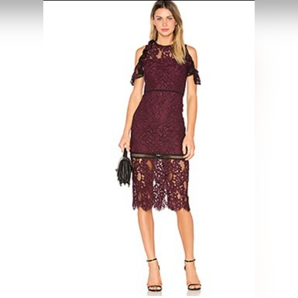 Alexis X Revolve Evie Lace Ruffle Midi Dress Burgundy Cold Shoulder Size XS - Picture 3 of 16
